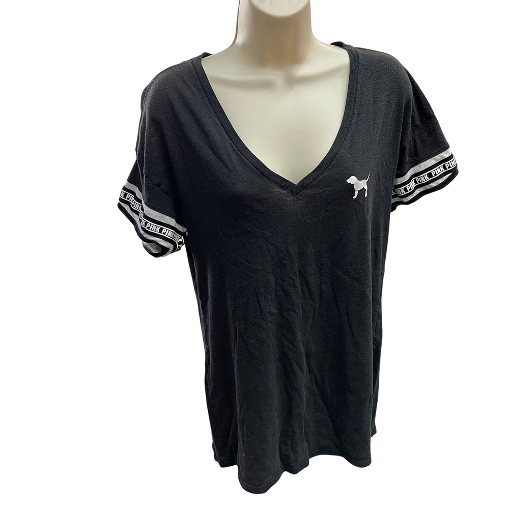 PINK Victoria's Secret V-Neck T-Shirt Black Logo Tape Sleeve Dog Logo Medium